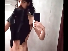 Very long bearded femenine boy teasing cock on mirror